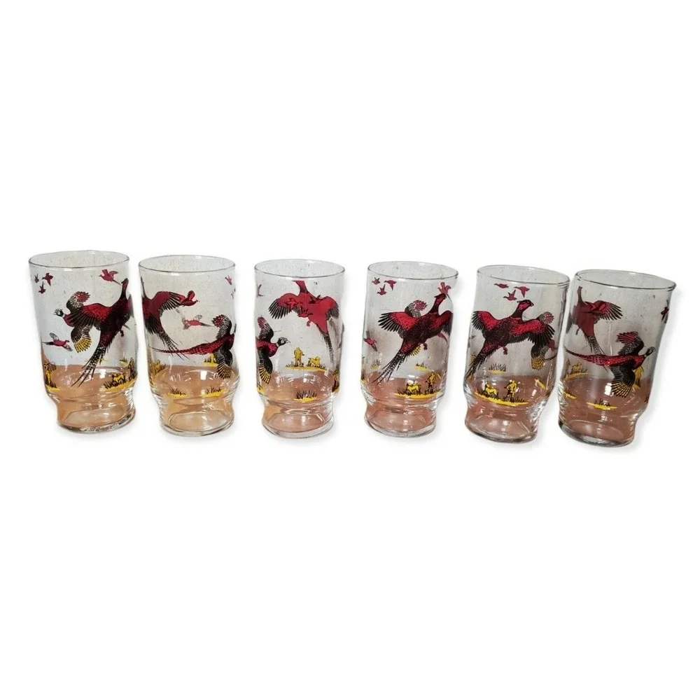 Set‎ of 6 Vintage Pheasant Bird Highball Glasses Mid Century Bar Ware